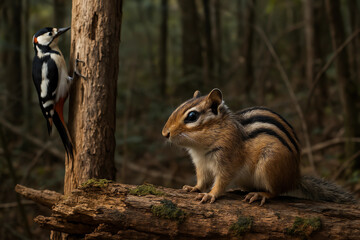 
chipmunk and woodpecker on a tree in the forest