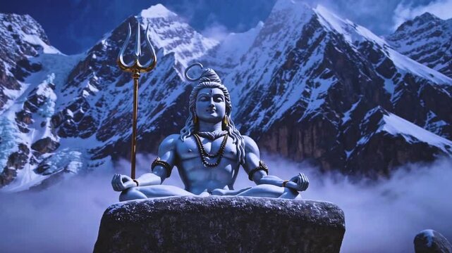 A majestic depiction of Lord Shiva meditating in the snowy Himalayan mountains, holding a glowing trident amidst divine energy.