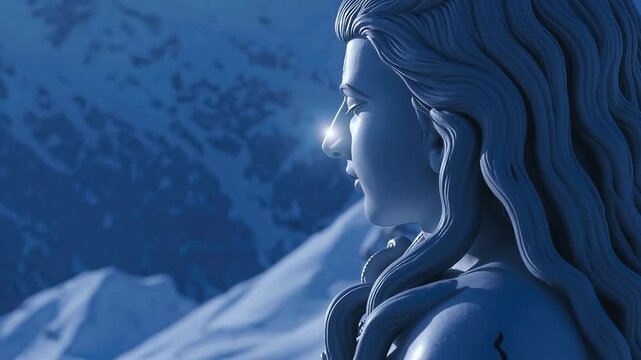 A peaceful and powerful side profile of Lord Shiva glowing with divine light at the third eye