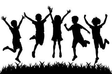 Fototapeta premium Children silhouettes jump with joy and happiness
