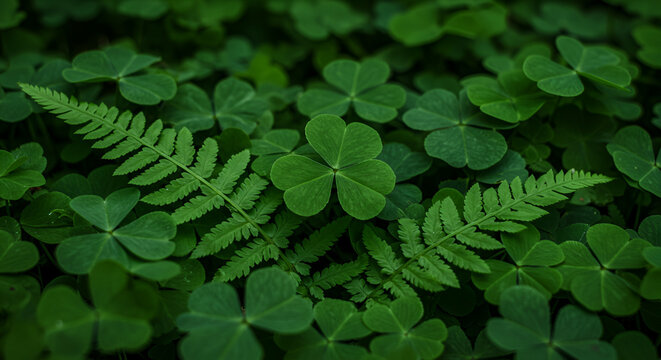 Close-up of lush green clover and ferns (1)