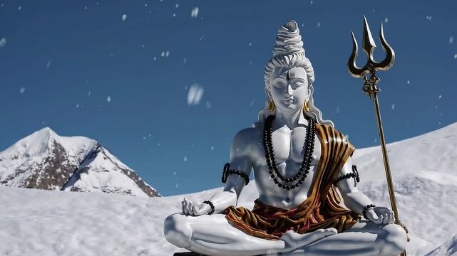 A peaceful scene of Shiva in deep meditation on a snow-covered mountain, representing detachment, discipline, and divine focus in solitude.