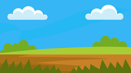 Obraz premium Cartoon field with patches of grass and sky vector illustration