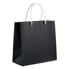 Elegant black paper gift bag with white twisted handles isolated on transparent background