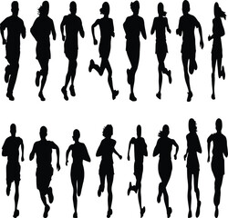 Run, group of running people. Set of isolated vector silhouettes of sport athletes.