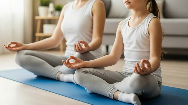 A mother and daughter practice yoga together, sitting in a meditative pose on a blue mat in a cozy living room