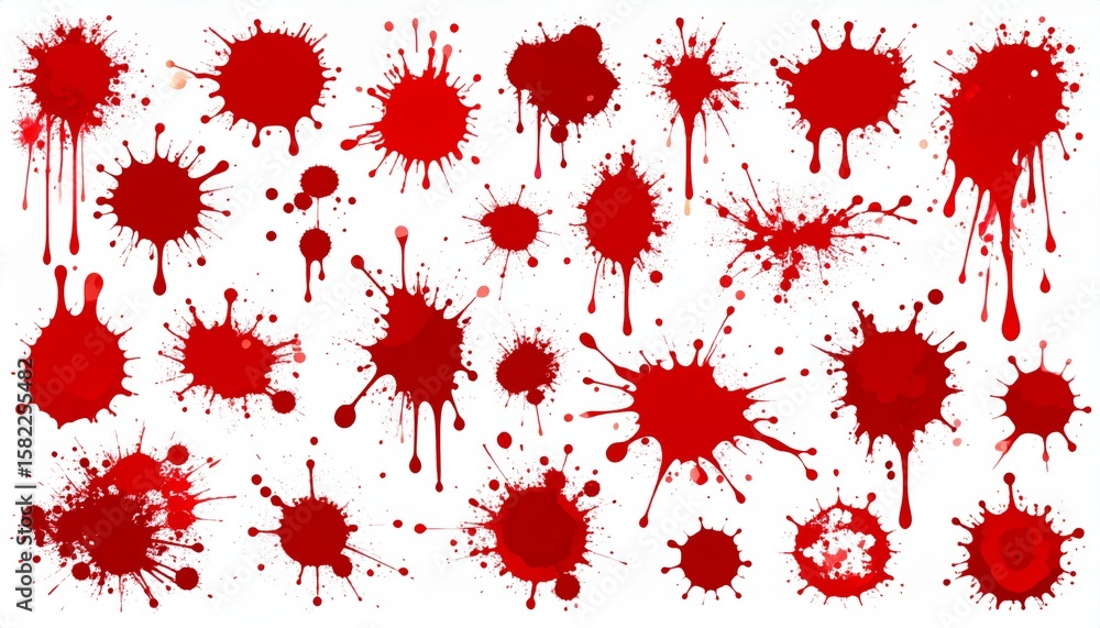 Poster red ink splatters and splashes create a vibrant, grungy design element