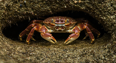 Crab emerging from burrow in the mud