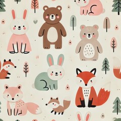 Cartoon forest animals including foxes, bunnies, and bears on light background with trees and leaves. Seamless flat illustration pattern for children.