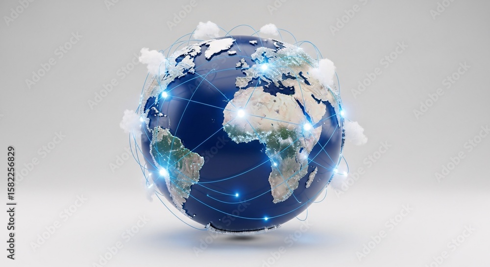 Poster global network connection concept with earth globe and digital lines on white background