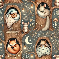 Cartoon forest animals including foxes, mice, and squirrels sleeping inside tree trunks with moon, stars, hanging lights, and mushrooms. Seamless watercolor pattern for children.