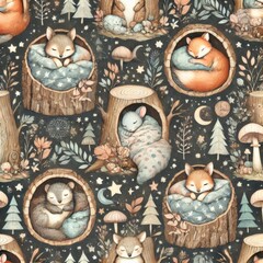 Cartoon forest animals including foxes, mice, and squirrels sleeping in tree stumps with stars, moon, plants, and mushrooms on dark background. Seamless watercolor pattern for children.