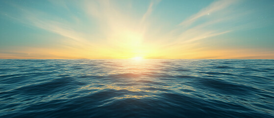 A serene ocean view at sunrise with calm waves reflecting the vibrant colors of the sky and sun.