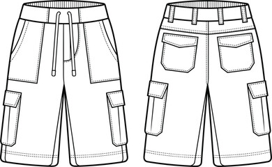 cargo shorts flat sketch, technical drawing front back, men summer pants design, detailed pocket illustration, fashion apparel template