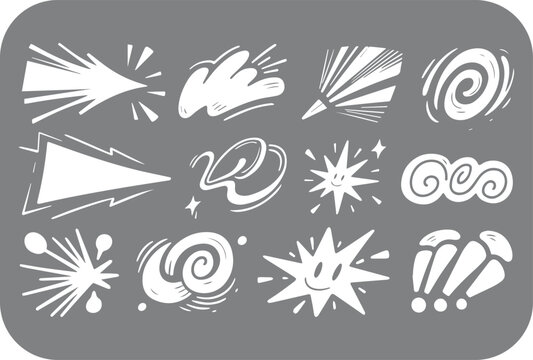 A collection of twelve white hand drawn comic book style sound effects and action lines on a grey background representing explosions bursts and motion with a happy star character