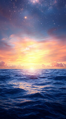 A vibrant ocean sunset with calm waves under a starry sky blending warm and cool colors.