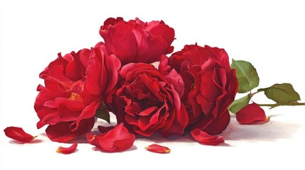 red roses in a bouquet and the scattered petals on a white background
