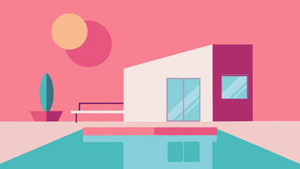 Modern office interior vector illustration: contemporary room design with furniture and large window