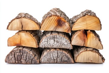 Fototapeta premium Neatly Stacked Firewood Winter Warmth Rustic Home Decor Sustainable Fuel Source on white background. Generative AI