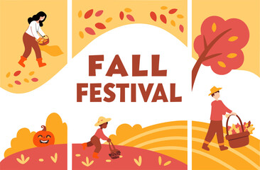 Illustration of fall festival with people gathering leaves, pumpkin, and autumn tree in warm colors
