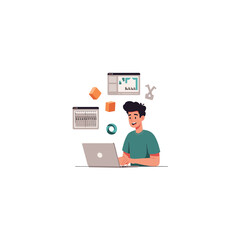 Man Working at Desk with Plant