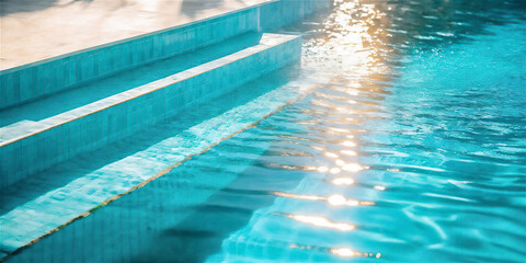 Obraz premium Serene pool steps leading into crystal-clear water, creating a refreshing atmosphere perfect for summer relaxation, ideal for resort, spa, or home pool designs.