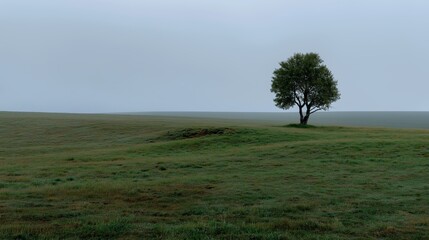 Minimalist landscape features lonely tree in foggy grassland plain at dawn. AI generated