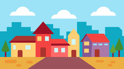 City vector illustration with urban and residential houses, trees, and sky