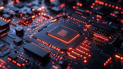 Close-up of a circuit board with a central processor chip, highlighted by glowing red LEDs.  Intricate network of dark components and traces.  High-tech, futuristic