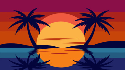 Sunset silhouettes of tropical palm trees on a tranquil beach
