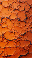 Close-up of cracked, dry orange soil or paint with irregular patterns and textures, highlighting natural or weathered surface details.
