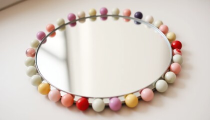 Colorful Beads Bordering a Round Mirror Reflecting a Light Background
