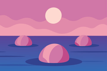 Vibrant vector illustration of an abstract sunset sky over a wavy ocean landscape, perfect for summer nature designs
