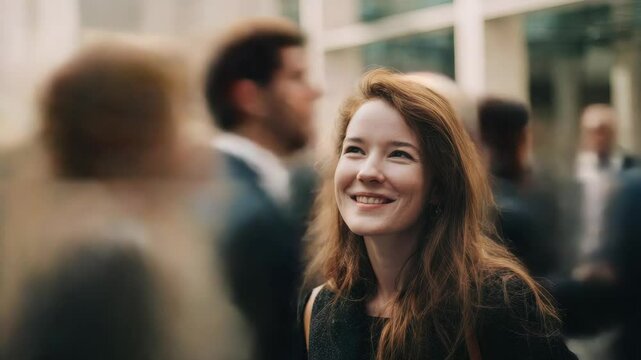In the midst of a bustling city, a woman finds stillness, smiling gently as motion blurs around her in a serene moment of calm.