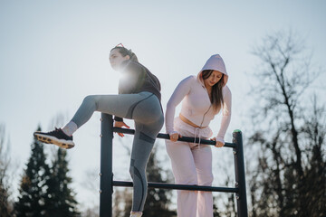 Two women engage in outdoor exercise on fitness equipment, highlighting vitality, teamwork, and...