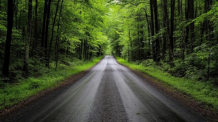 Obraz premium A scenic, tree-lined road winds through a lush, green forest, the asphalt reflecting a hint of moisture. The path ahead is inviting and mysterious