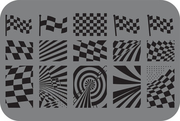 A collection of graphic elements featuring checkered patterns and racing flags presented in a monochromatic black and gray palette evoking speed and competition in a modern abstract style