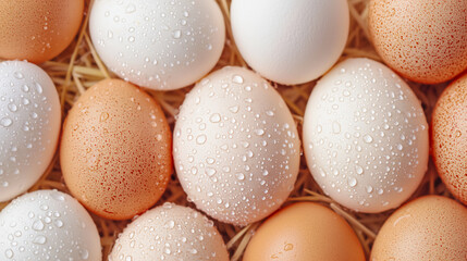 Fresh brown and white eggs covered with water droplets resting on straw bedding.