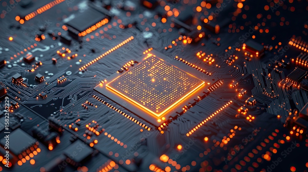 Poster close-up of a glowing cpu on a circuit board