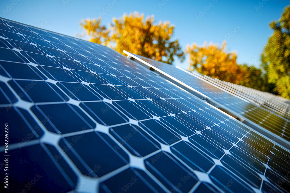 Poster solar panels located in open spaces. use of renewable resources.