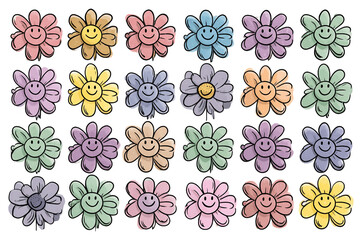 Fototapeta premium Pastel Smiling Flowers Collection on Transparent Background, PNG