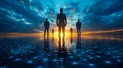 Five businessmen in suits standing on a surface like a smooth mirror or water. Associations with teamwork, leadership, success, prospects, and the future.