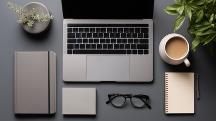 Minimalist top view of laptop notebook coffee mug and glasses. AI generated.