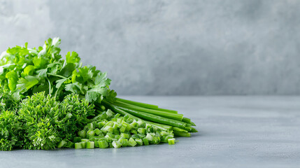 Fresh green herbs including parsley and chopped scallions are arranged on a gray surface against a textured gray background.