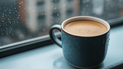 A close-up of a blue ceramic cup filled with coffee, sitting on a windowsill with raindrops on the glass in the background.