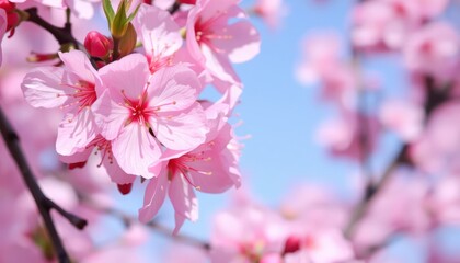 Fototapeta premium Close-up of beautiful pink cherry blossom flowers on a sunny spring day