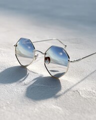 Silver octagonal sunglasses reflecting sky on concrete