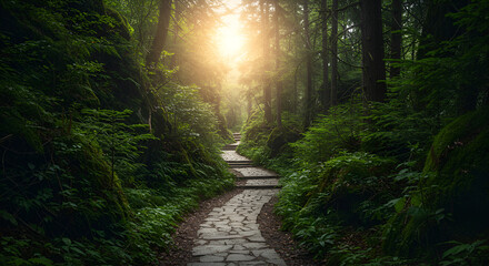 Obraz premium Lush forest path leading to sunlight