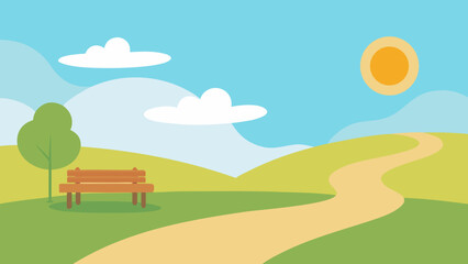 Fototapeta premium Sunny Spring Park with Winding Path and Wooden Bench