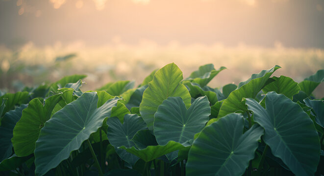 Lush taro leaves in a field at sunrise